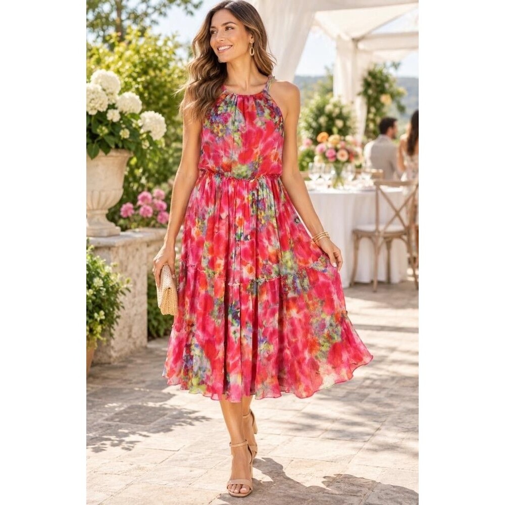 Sundance Halter Dress Women M Pink Watercolor Floral Silk Tiered Midi Boho